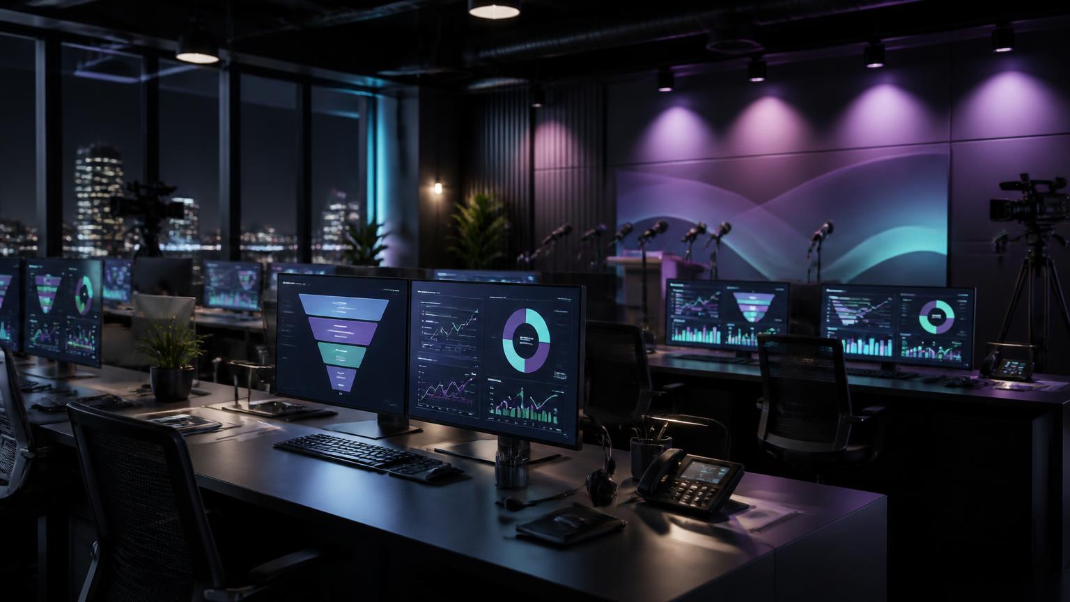A marketing floor with campaign boards, screens and a live audience map