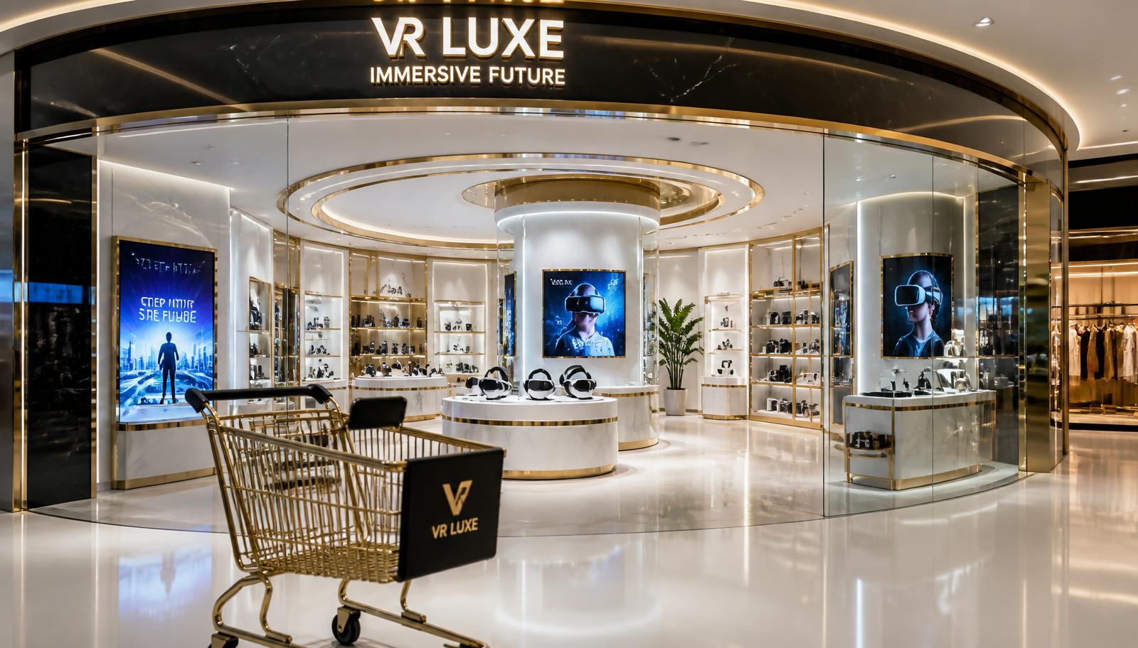 WOP Marketplace Mall showroom with a shopping cart, VR headsets on pedestals and lit display cases