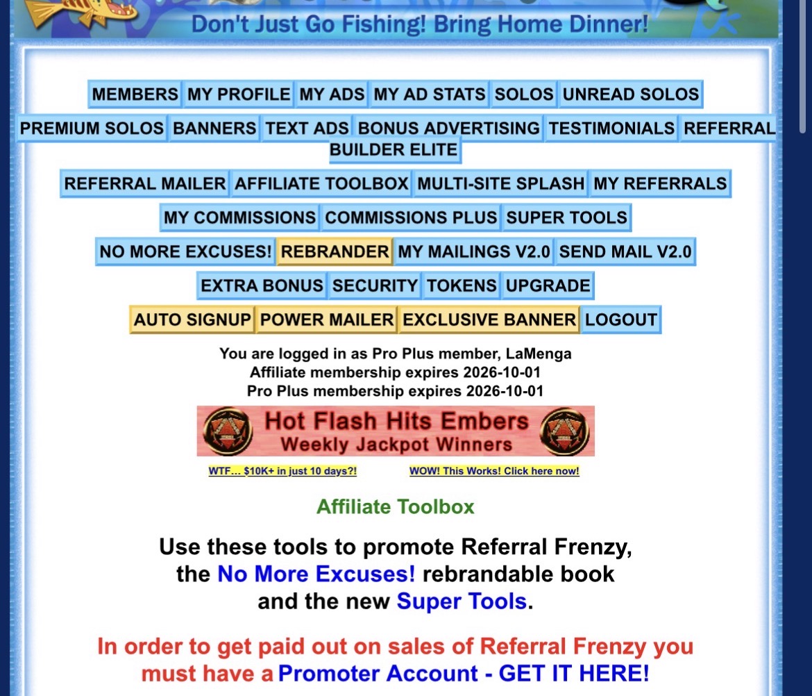 Referral Frenzy affiliate toolbox — one login for every mailer and safelist