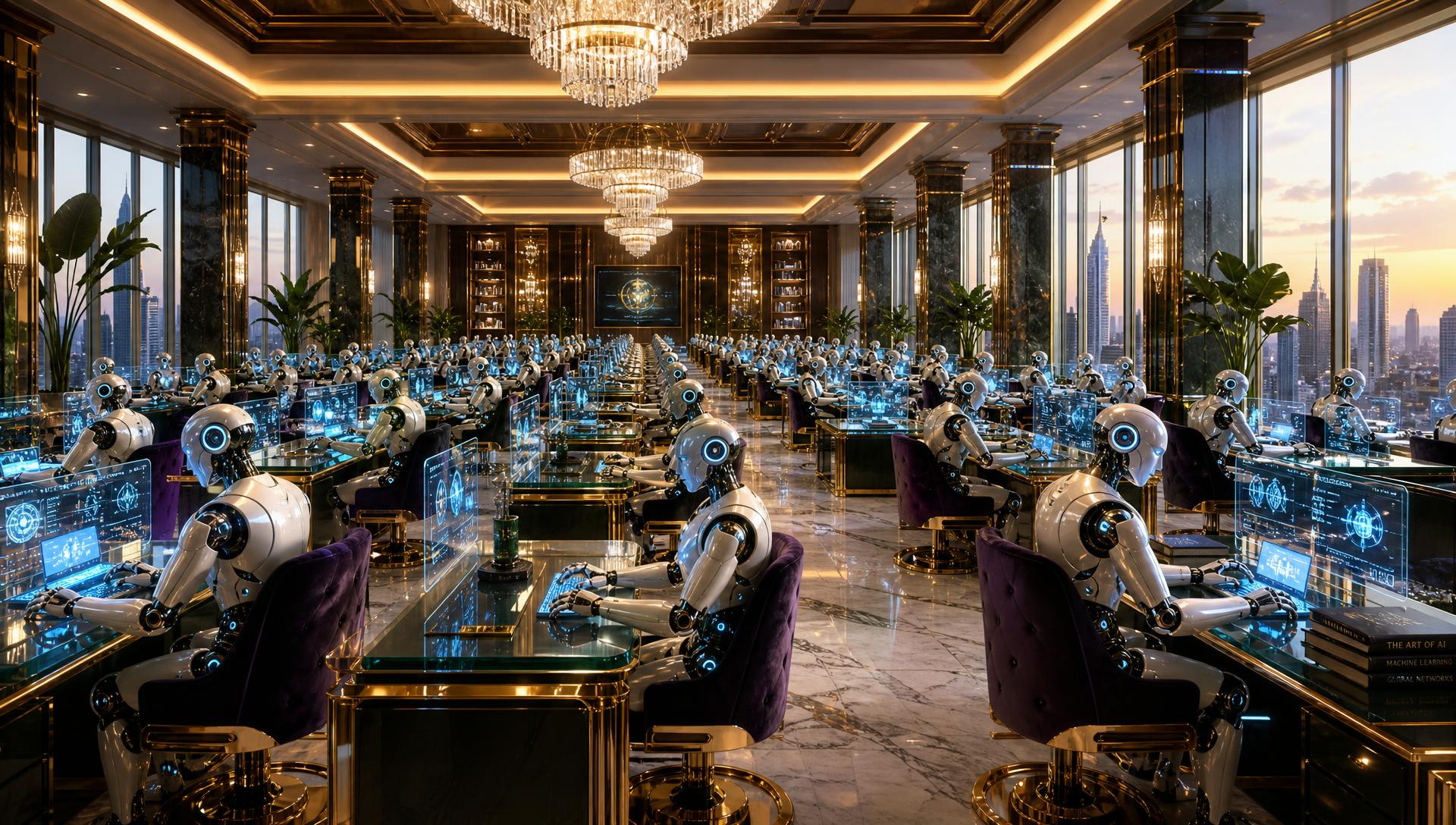 A luxury WOP operations office where 200 AI robot agents work at their desks around the clock